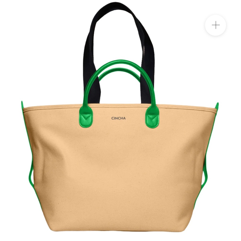 Cincha Beige Canvas Tote with Green Trim and Black Handles